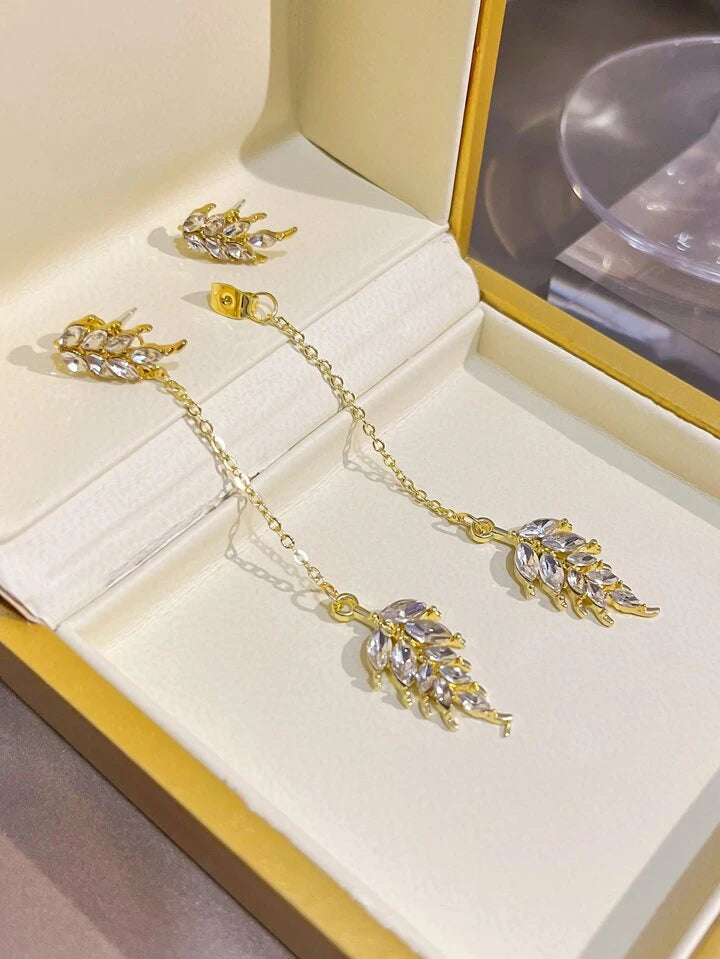 Rhinestone Leaf Decor Earring, Stood Leaf Long Tassels Earring, Pearl Tassels Earring For Women Rhinestone Leaf Decor Earring, Stood Leaf Long Tassels Earring, Pearl Tassels Earring For Women